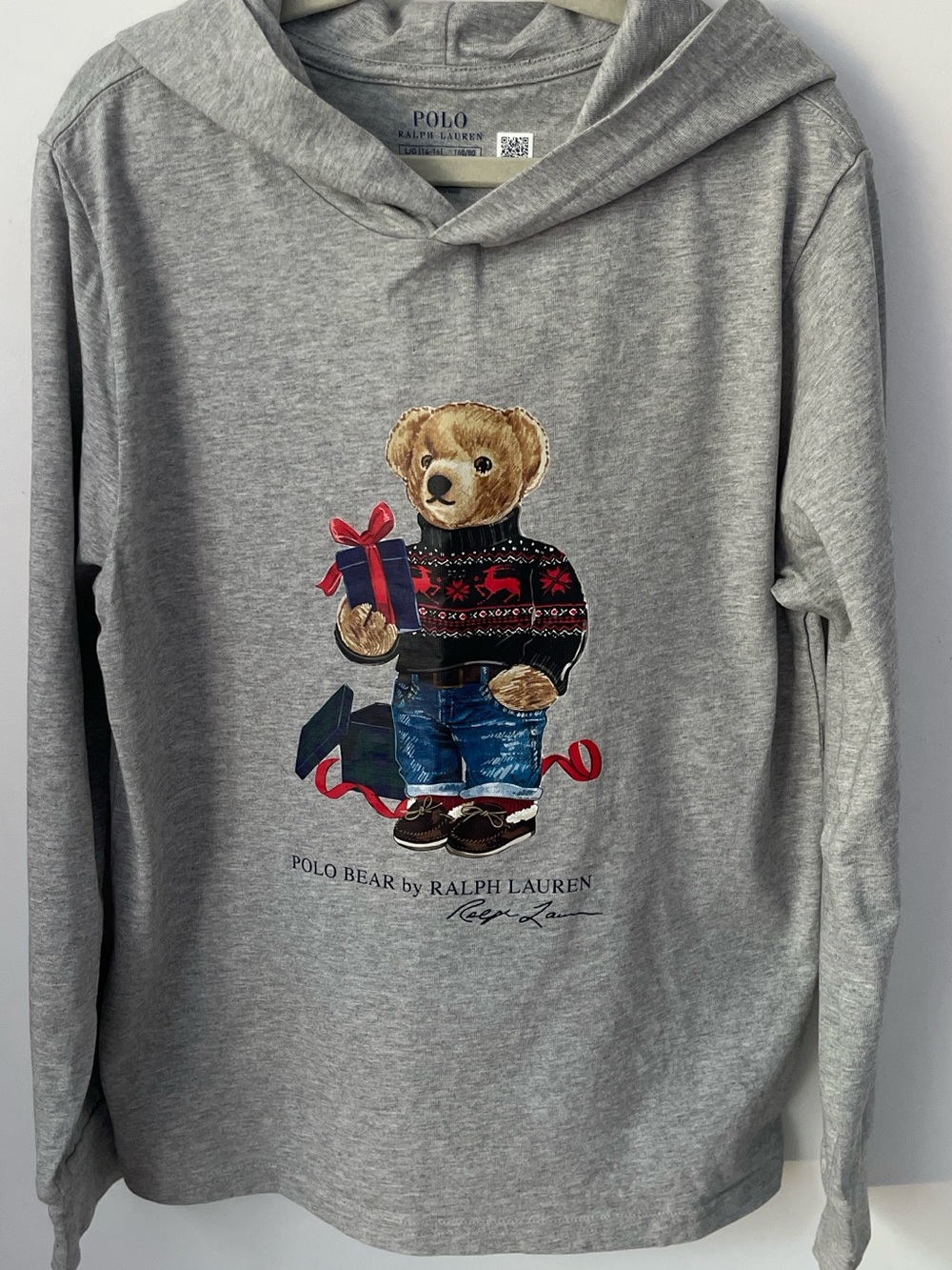 Polo Ralph Lauren kids Grey cotton hoodie tee with classic Holiday Bear